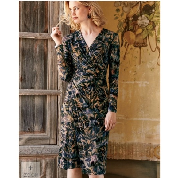 Peruvian Connection Womens Shadow Vine Dress Size S Long Sleeve Ruched Midi - Picture 2 of 10